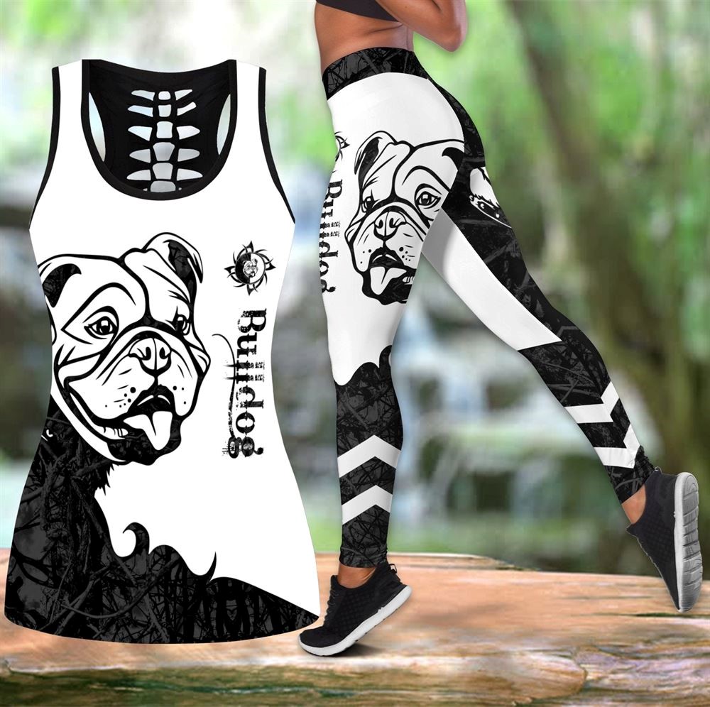 Nao Bulldog Black Tattoos Workout Set Combo Leggings And Hollow Tank Top For Women Perfect Gift For Dog Lovers