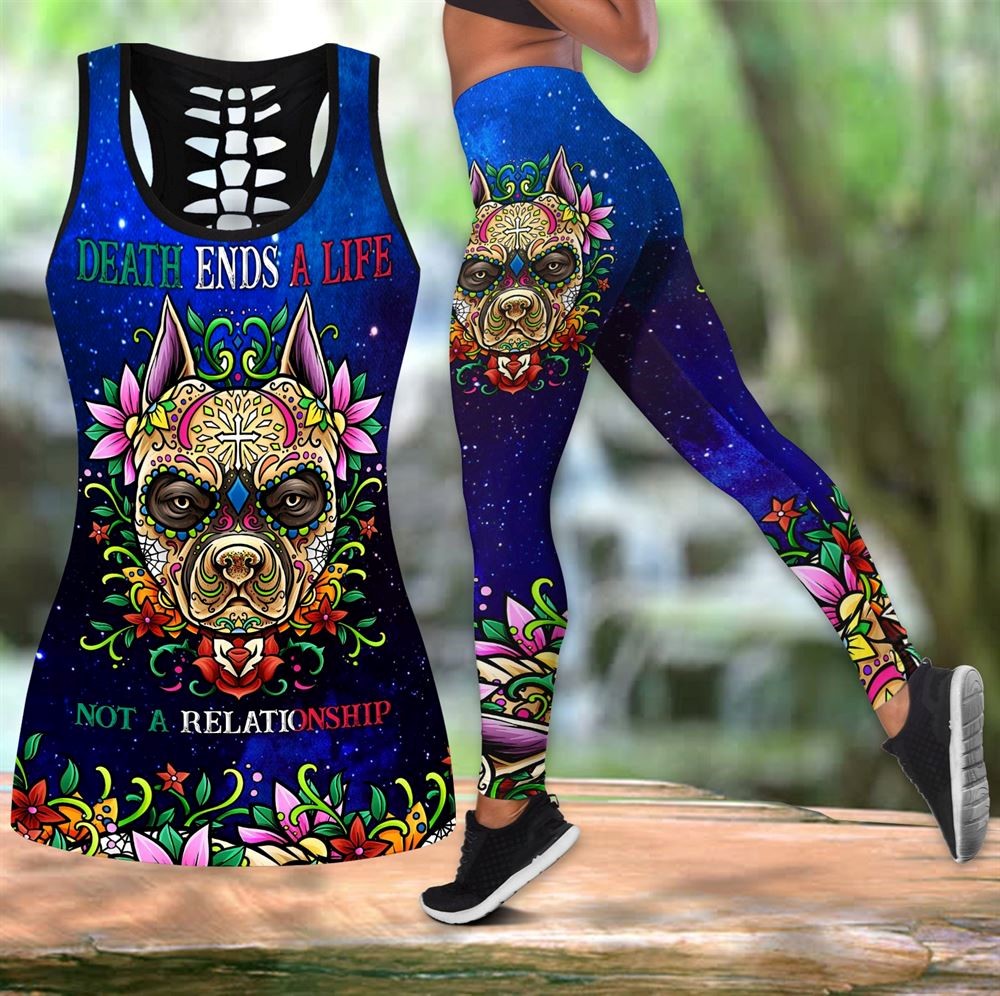 Mexican Sugar Skull Pitbull Workout Set Combo Leggings And Hollow Tank Top For Women Dog Lovers Gift