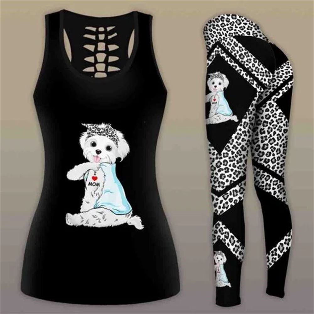 Maltipoo Dog With Blue Shirt Workout Set Combo Leggings And Hollow Tank Top For Women Gift For Dog Lovers