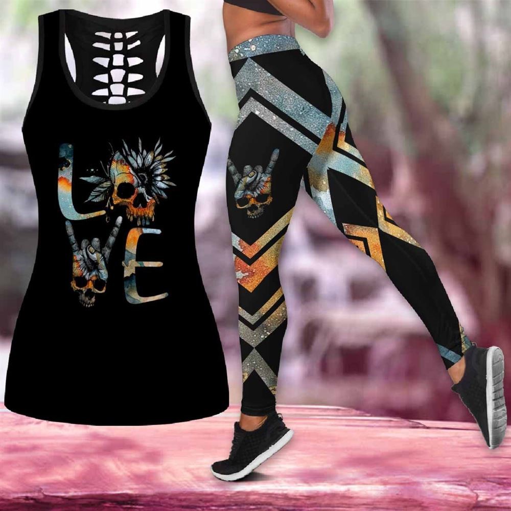 Love Skull Tattoo Workout Set Combo Leggings And Hollow Tank Top For Women Perfect Gift For Dog Lovers