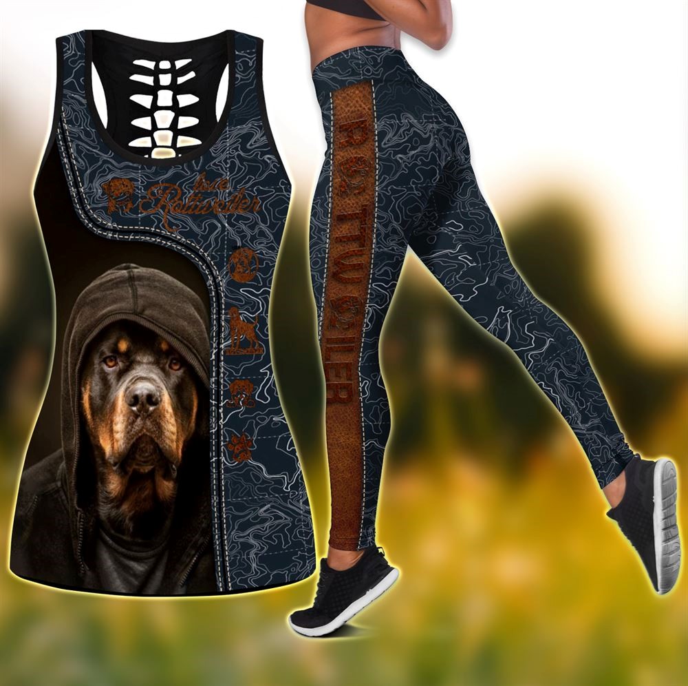 Love Rottweiler Grey Pattern Workout Set Combo Leggings And Hollow Tank Top For Women Gift For Dog Lovers