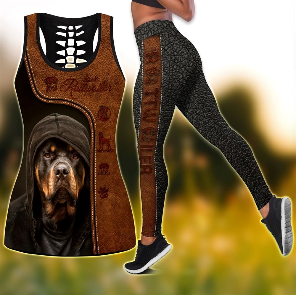 Love Rottweiler Brown Pattern Workout Set Combo Leggings And Hollow Tank Top For Women Gift For Dog Lovers