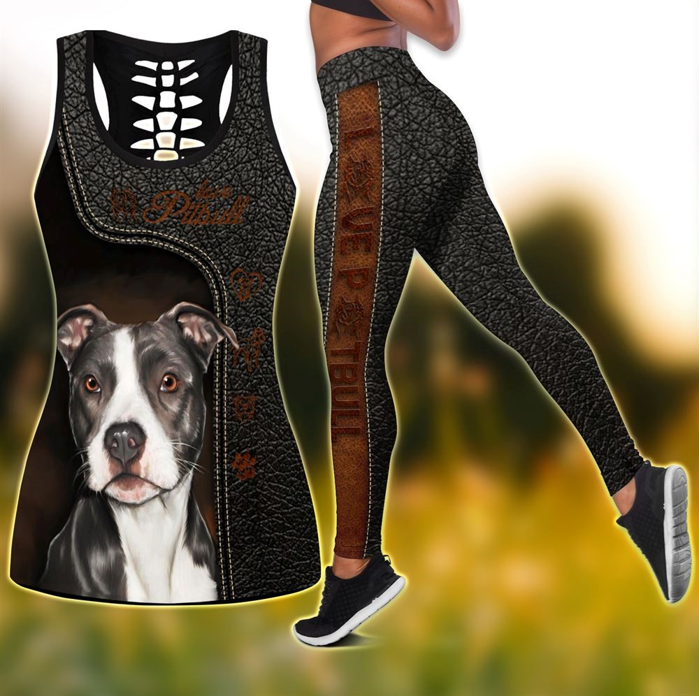 Love Pit Bull Funny Workout Set Combo Leggings And Hollow Tank Top For Women Dog Lovers Gift