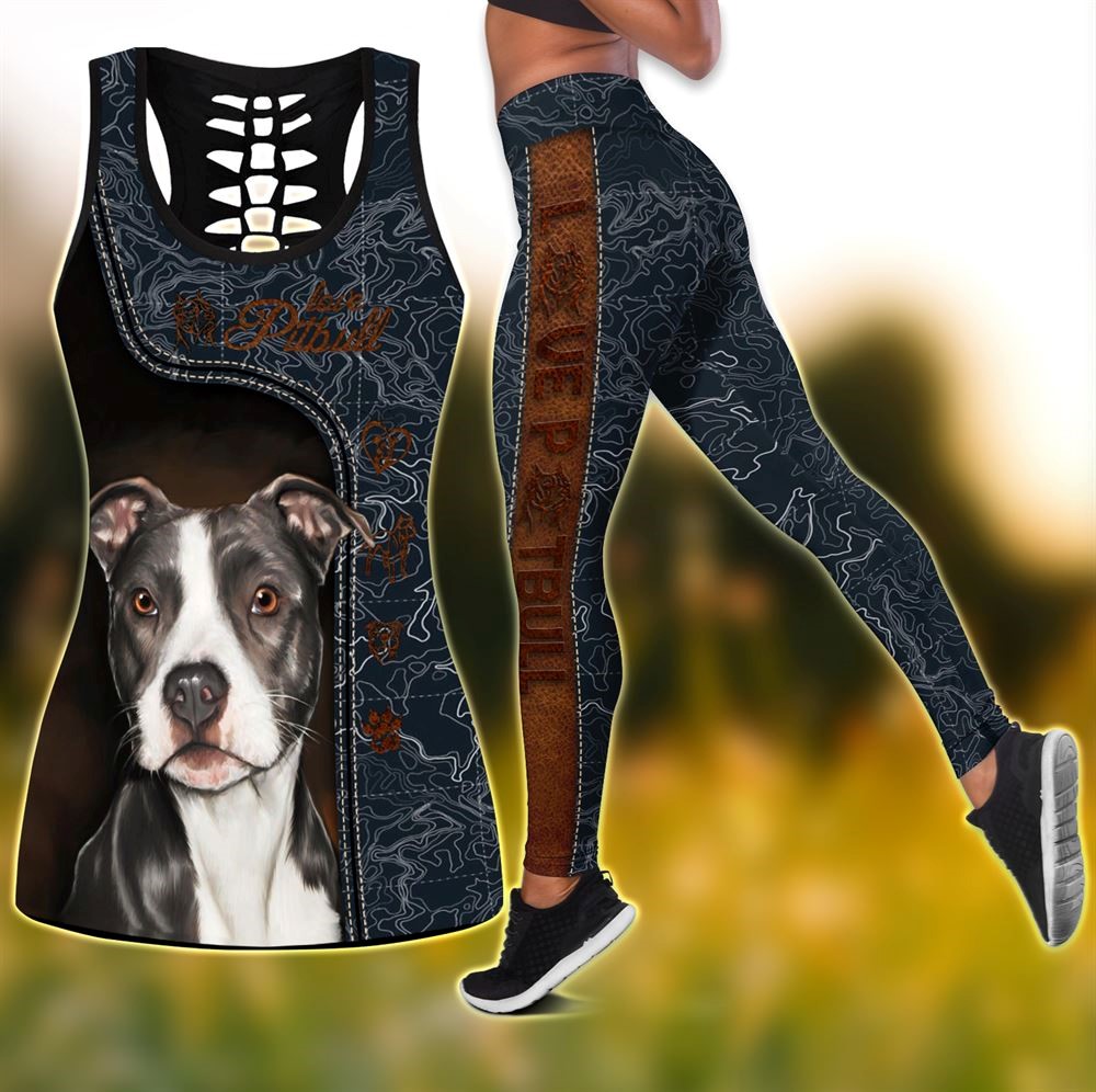 Love Pit Bull Cute Workout Set Combo Leggings And Hollow Tank Top For Women Perfect Gift For Dog Lovers