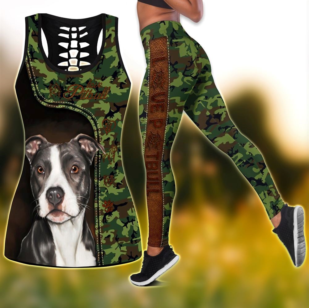 Love Pit Bull Workout Set Combo Leggings And Hollow Tank Top For Women Gift For Dog Lovers