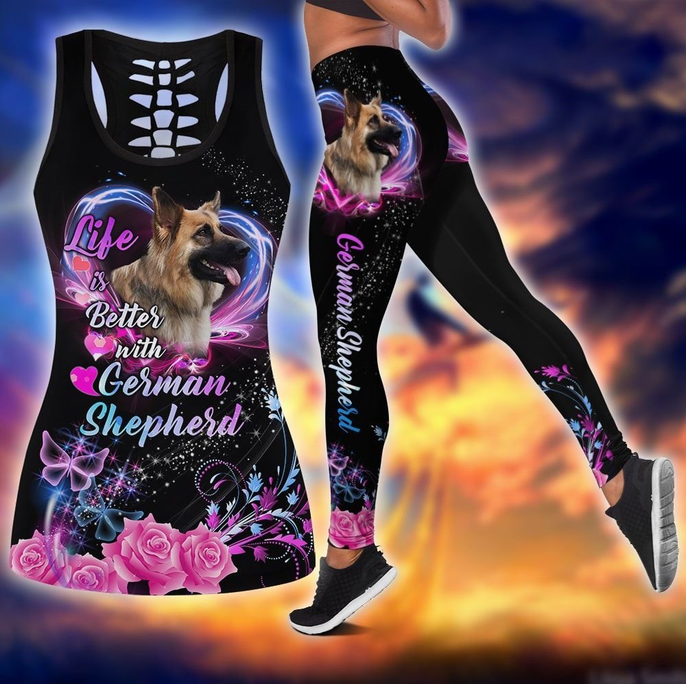 Love German Shepherd Workout Set Combo Leggings And Hollow Tank Top For Women Gift For Dog Lovers