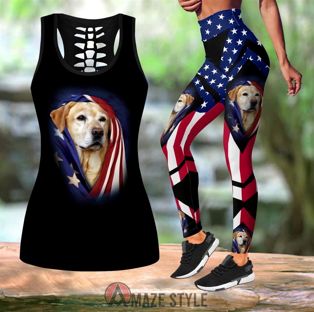 Labrador Retriever Gold American Flag Workout Set Combo Leggings And Hollow Tank Top For Women Dog Lovers Gift