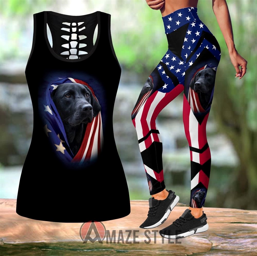 Labrador Retriever Black American Flag Workout Set Combo Leggings And Hollow Tank Top For Women Perfect Gift For Dog Lovers