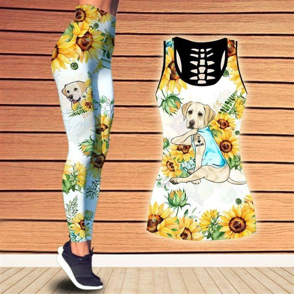 Labrador Dog With Sunflower Workout Set Combo Leggings And Hollow Tank Top For Women Gift For Dog Lovers