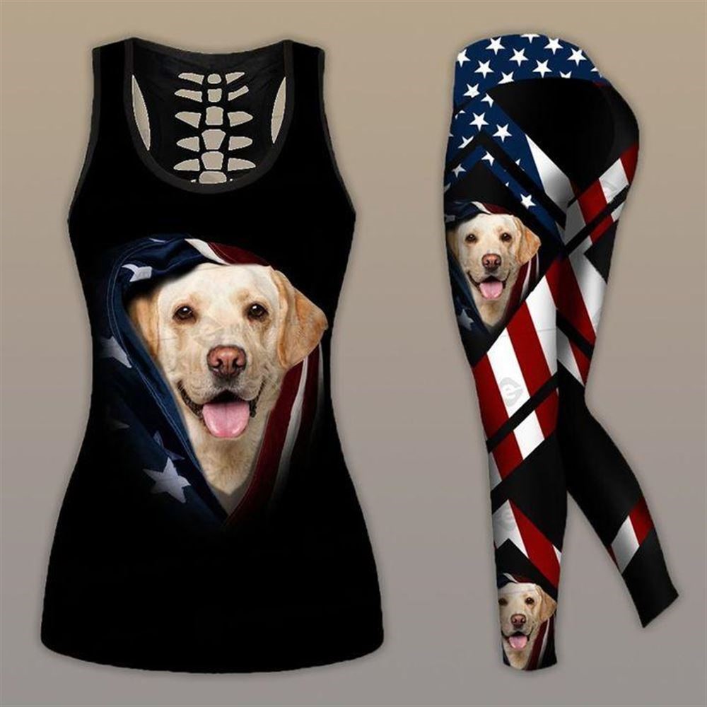 Labrador Dog With American Flag Workout Set Hollow Tank Top And Leggings For Men Or Women Dog Lovers Gift