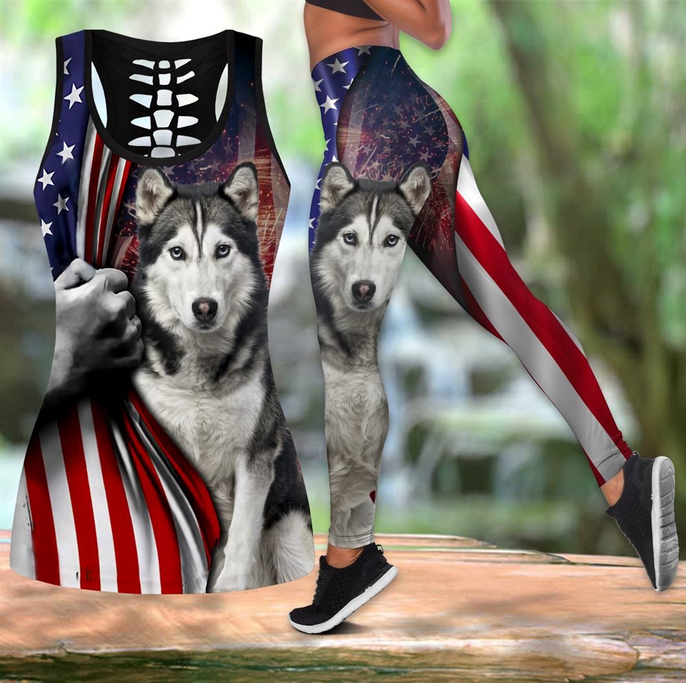 Husky With American Flag Workout Set Hollow Tank Top And Leggings For Men Or Women Dog Lovers Gift