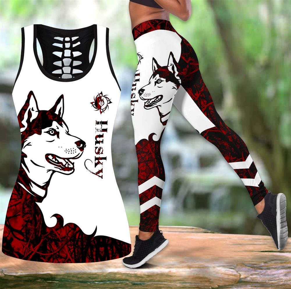 Husky Red Tattoos Workout Set Hollow Tank Top And Leggings For Men Or Women Gift For Dog Lovers