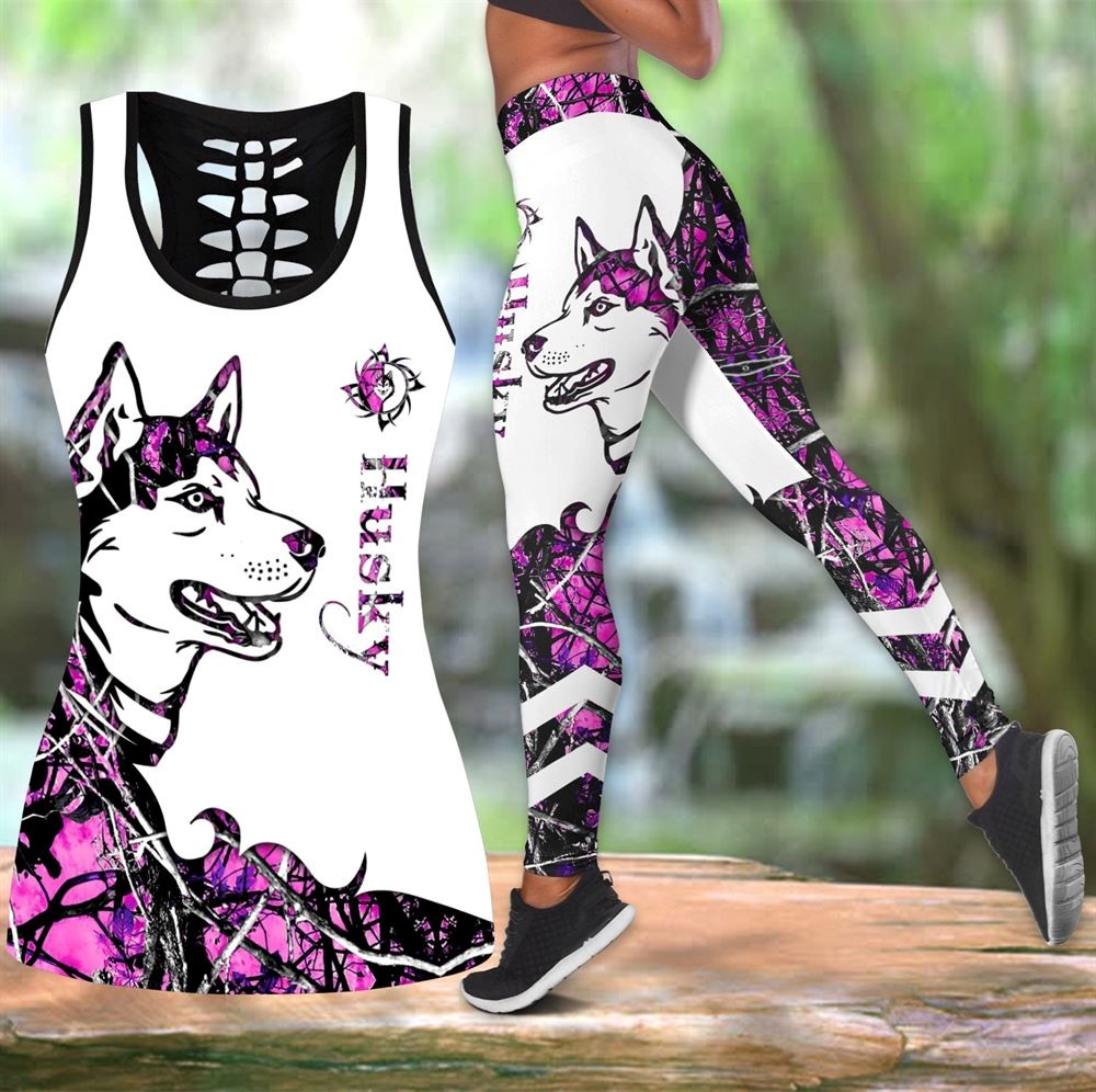 Husky Pink Tattoos Workout Set Hollow Tank Top And Leggings For Men Or Women Dog Lovers Gift