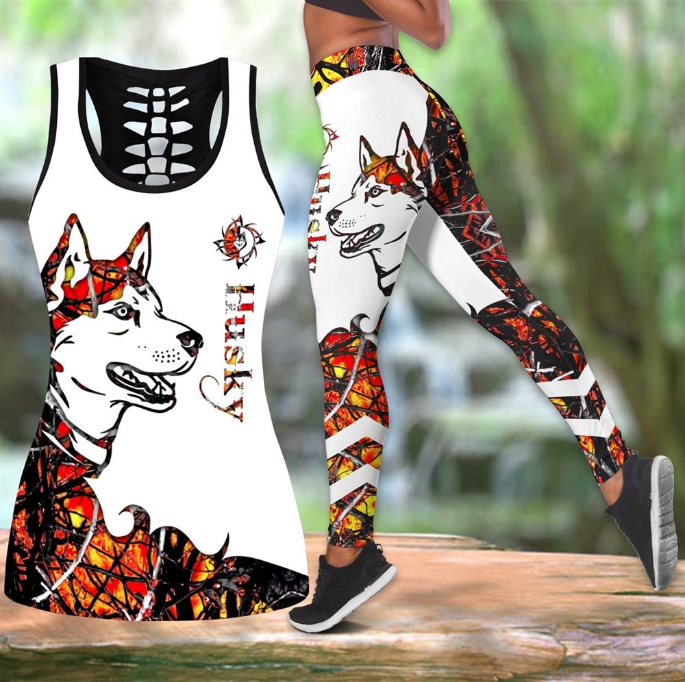 Husky Orange Tattoos Workout Set Hollow Tank Top And Leggings For Men Or Women Perfect Gift For Dog Lovers