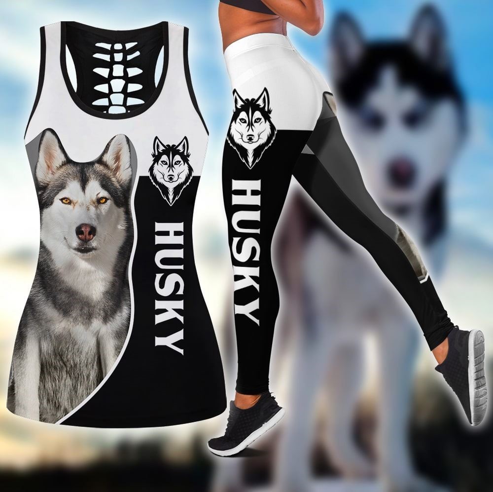 Husky Cool Sport Workout Set Hollow Tank Top And Leggings For Men Or Women Gift For Dog Lovers