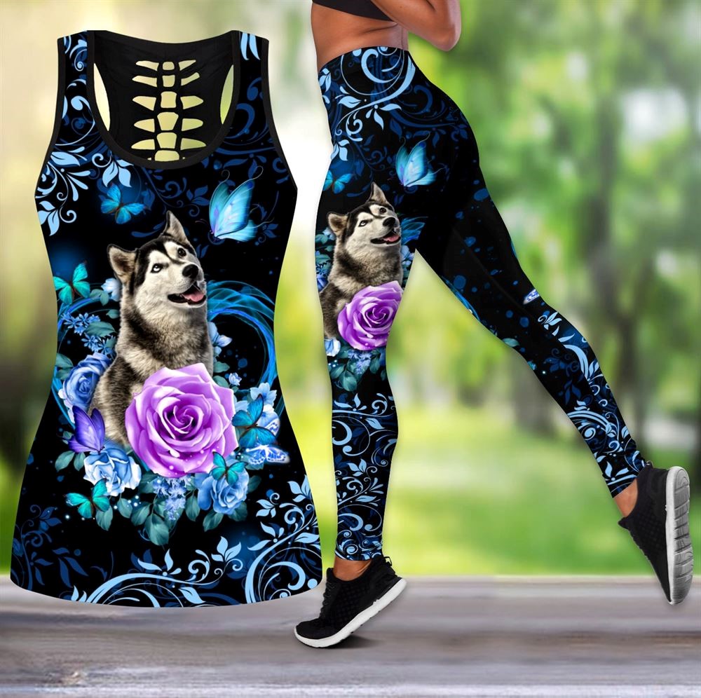 Husky Butterfly And Rose Workout Set Hollow Tank Top And Leggings For Men Or Women Dog Lovers Gift