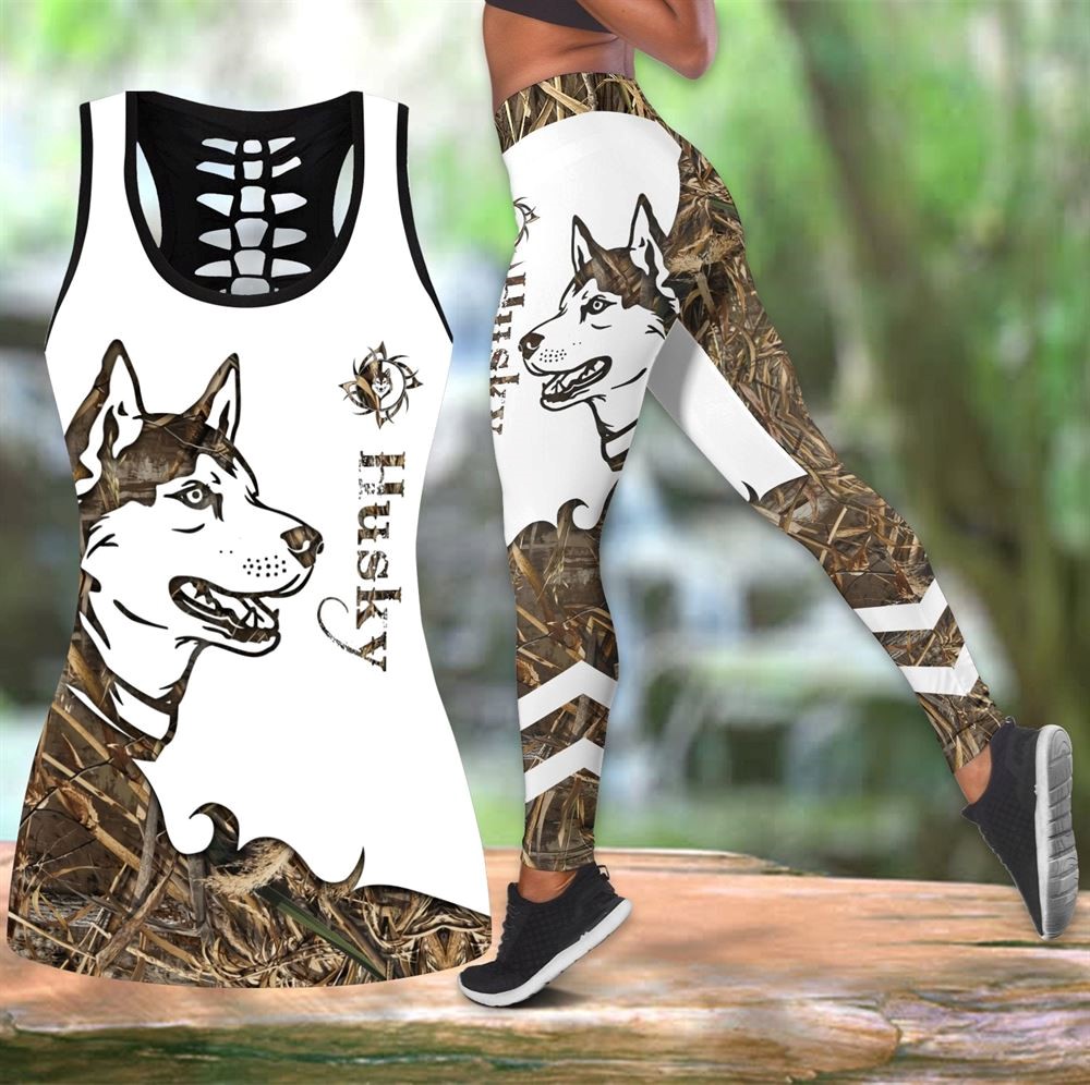 Husky Brown Tattoos Workout Set Hollow Tank Top And Leggings For Men Or Women Perfect Gift For Dog Lovers