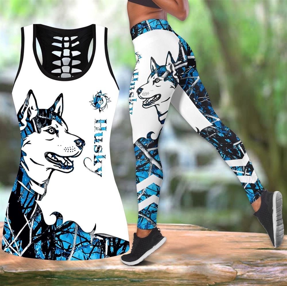 Husky Blue Tattoos Workout Set Hollow Tank Top And Leggings For Men Or Women Gift For Dog Lovers