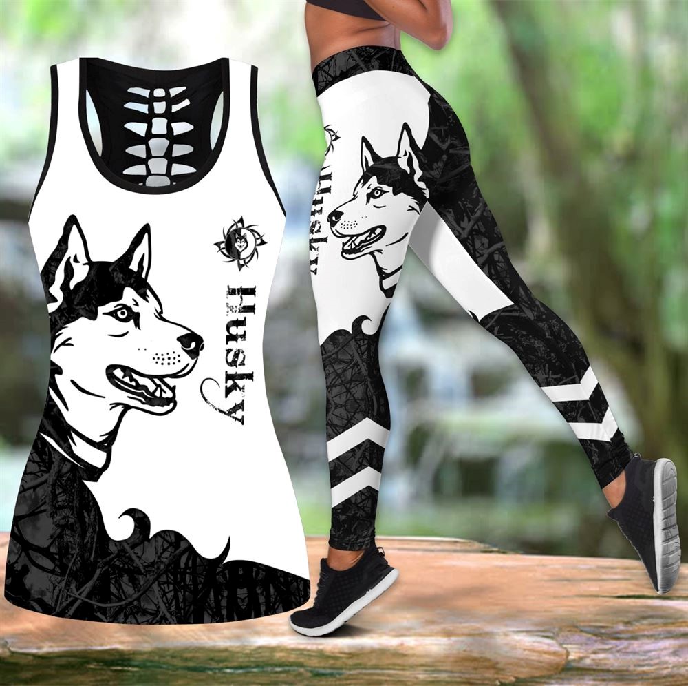 Husky Black Tattoos Workout Set Hollow Tank Top And Leggings For Men Or Women Dog Lovers Gift