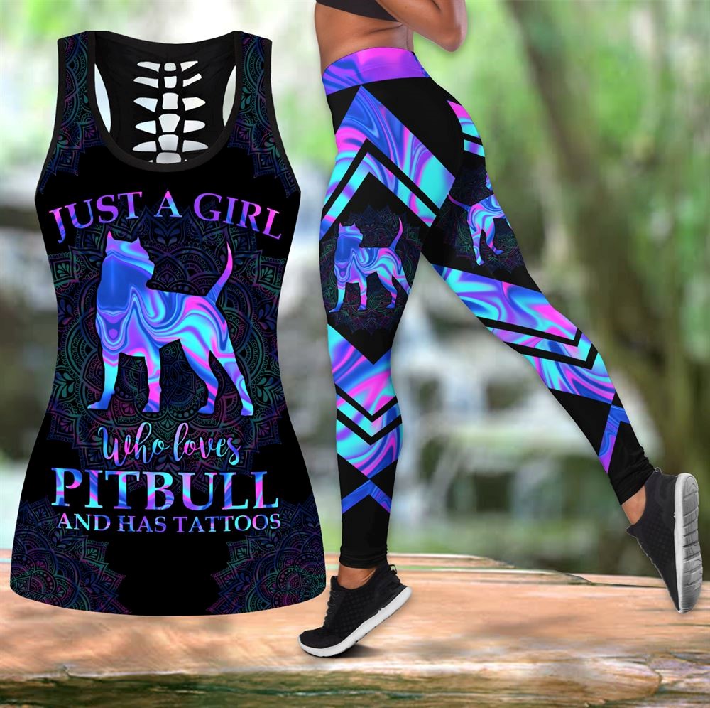 Girl Loves Pitbull Tattoos Workout Set Hollow Tank Top And Leggings For Men Or Women Perfect Gift For Dog Lovers