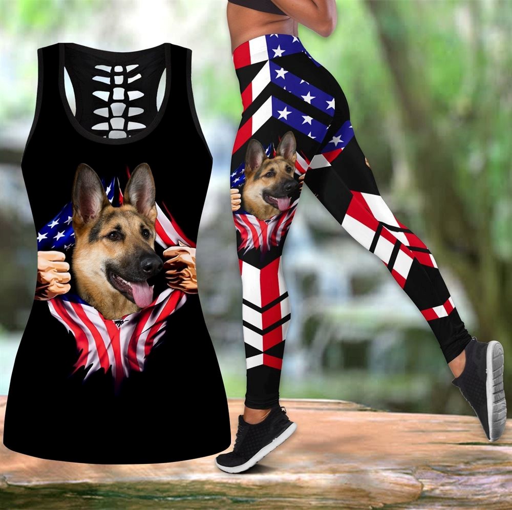 German Shepherd With Usa Flag Workout Set Hollow Tank Top And Leggings For Men Or Women Dog Lovers Gift