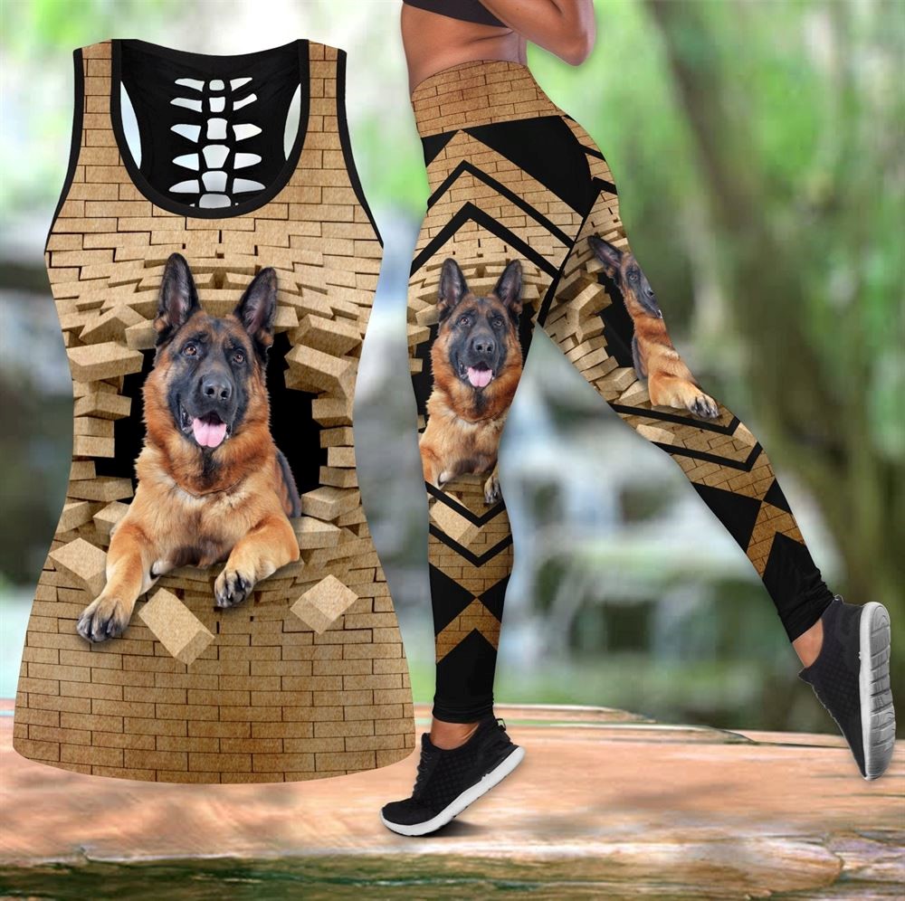 German Shepherd With Bricks Workout Set Hollow Tank Top And Leggings For Men Or Women Perfect Gift For Dog Lovers