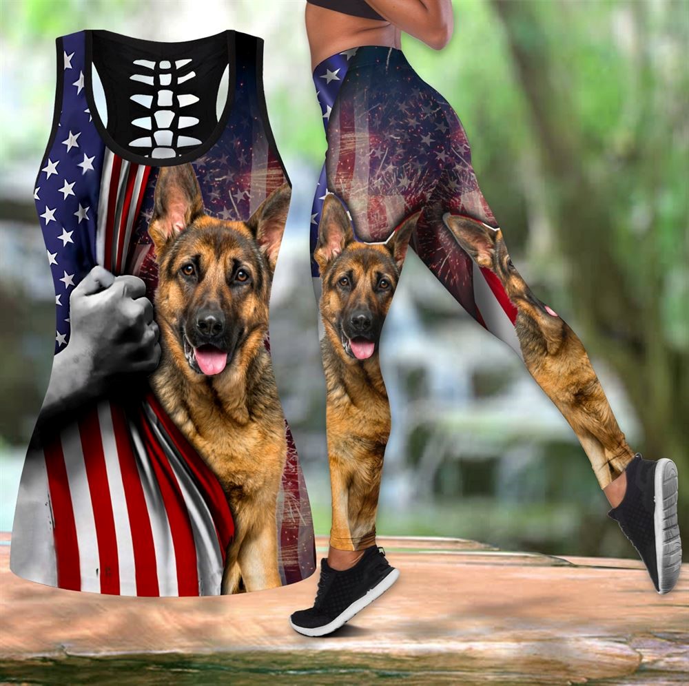 German Shepherd With American Flag Workout Set Hollow Tank Top And Leggings For Men Or Women Dog Lovers Gift