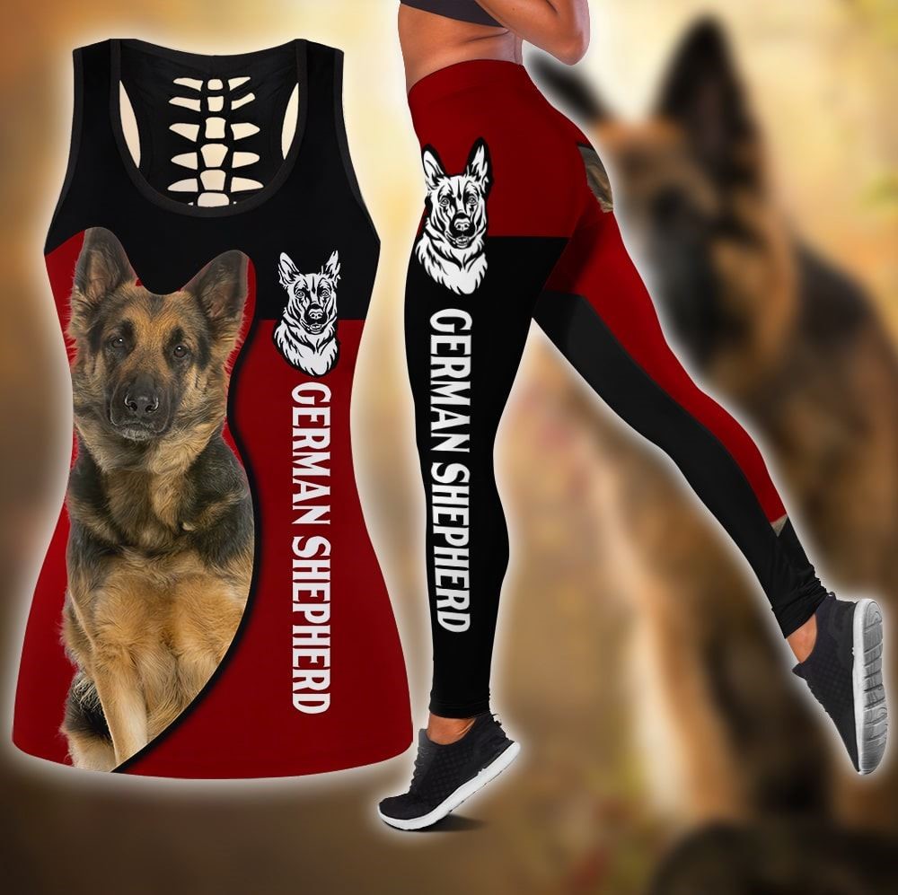 German Shepherd Sport Red Workout Set Hollow Tank Top And Leggings For Men Or Women Dog Lovers Gift