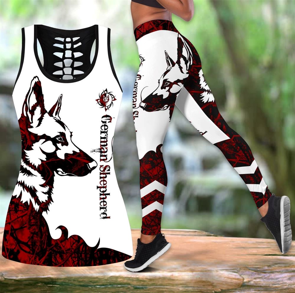 German Shepherd Red Tattoos Workout Set Hollow Tank Top And Leggings For Men Or Women Dog Lovers Gift