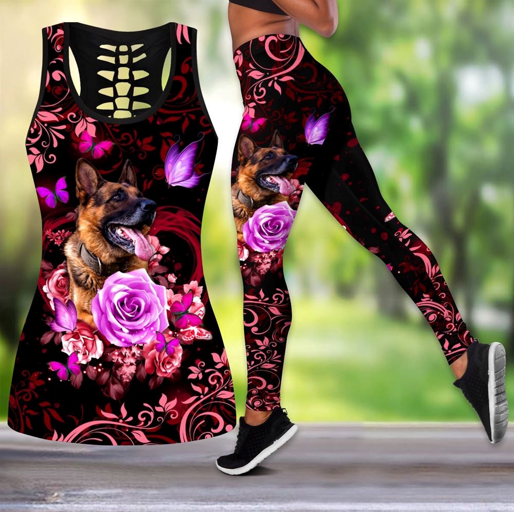 German Shepherd Red Butterfly Workout Set Hollow Tank Top And Leggings For Men Or Women Gift For Dog Lovers