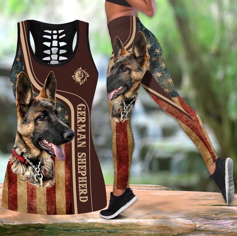 German Shepherd Cool With American Flag Workout Set Hollow Tank Top And Leggings For Men Or Women