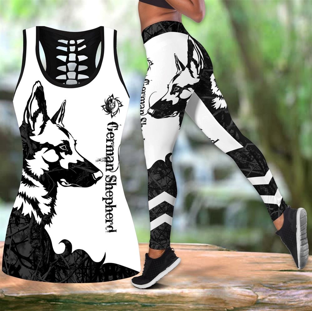 German Shepherd Black Tattoos Workout Set Hollow Tank Top And Leggings For Men Or Women Dog Lovers Gift