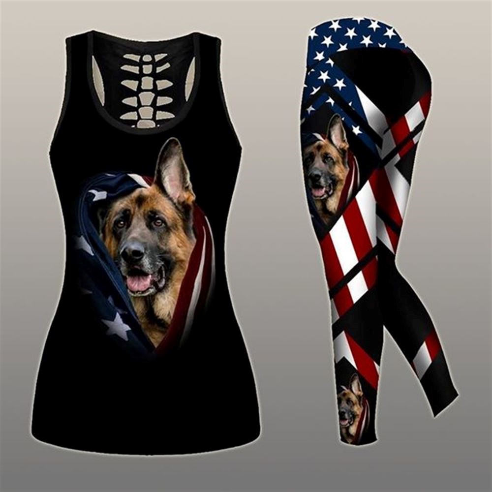 German Shepherd American Flag Workout Set Hollow Tank Top And Leggings For Men Or Women Gift For Dog Lovers