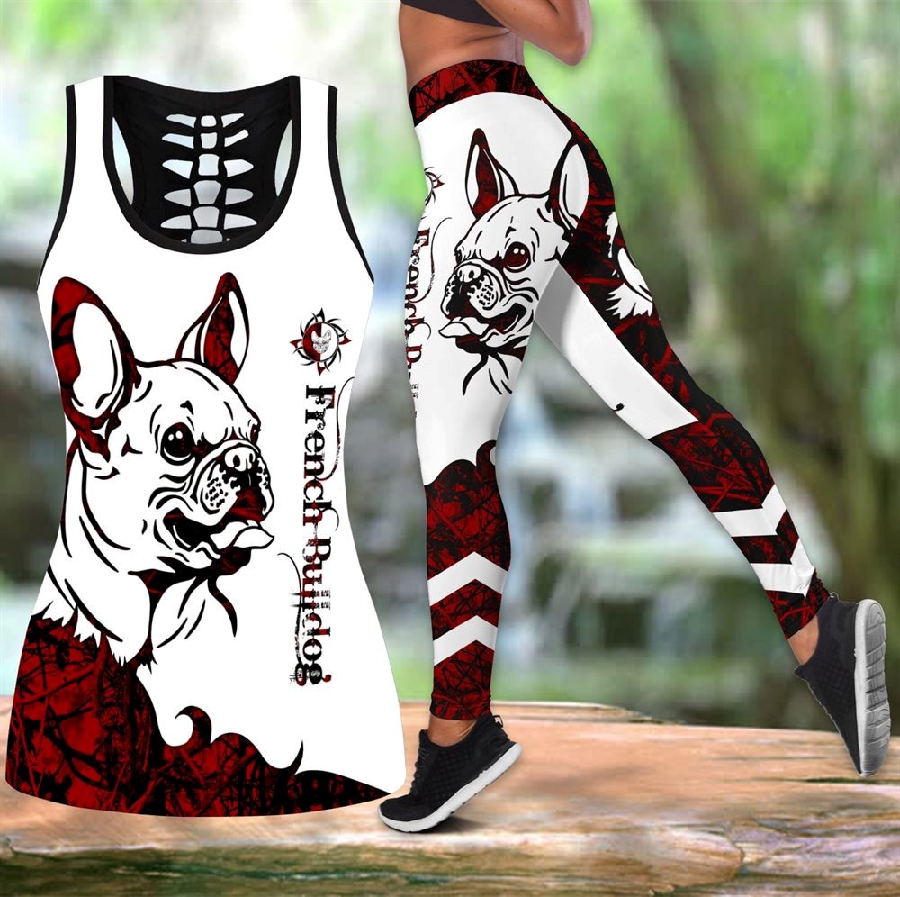 French Bulldog Red Tattoos Workout Set Hollow Tank Top And Leggings For Men Or Women Dog Lovers Gift