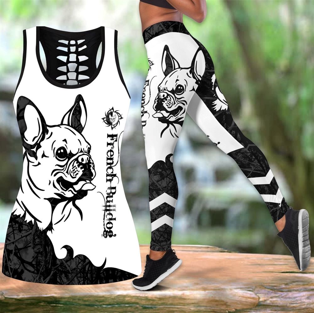 French Bulldog Black Tattoos Workout Set Hollow Tank Top And Leggings For Men Or Women Dog Lovers Gift