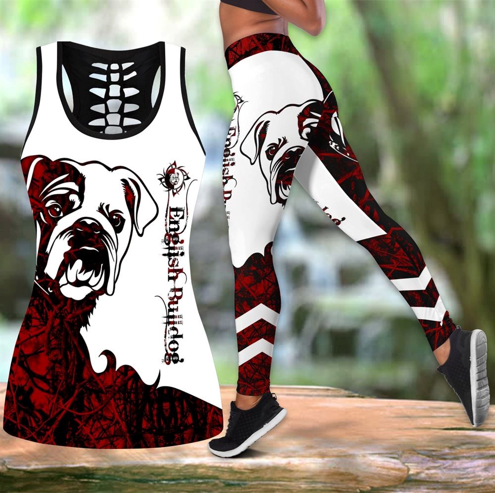 English Bulldog Tattoos Workout Set Hollow Tank Top And Leggings For Men Or Women Perfect Gift For Dog Lovers