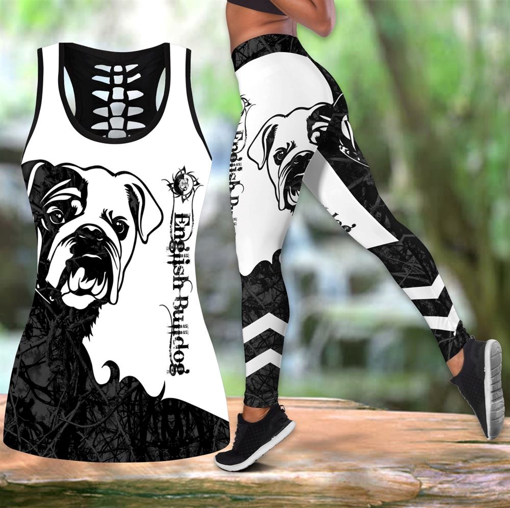 English Bulldog Black Tattoos Workout Set Hollow Tank Top And Leggings For Men Or Women Gift For Dog Lovers