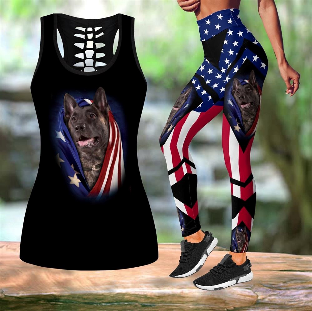 Dutch Shepherd Dog With American Flag Workout Set Hollow Tank Top And Leggings For Men Or Women Dog Lovers Gift