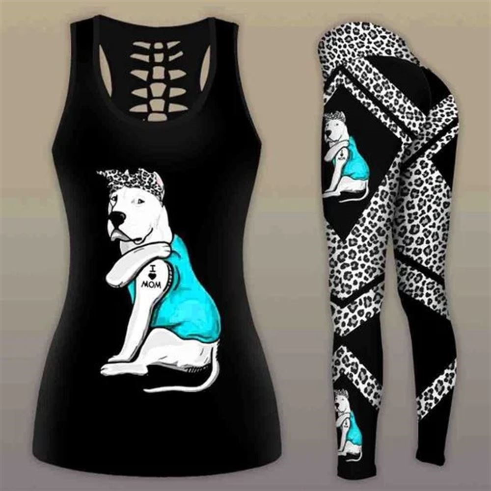 Dogo Argentino Dog With Blue Shirt Workout Set Hollow Tank Top And Leggings For Men Or Women Dog Lovers Gift