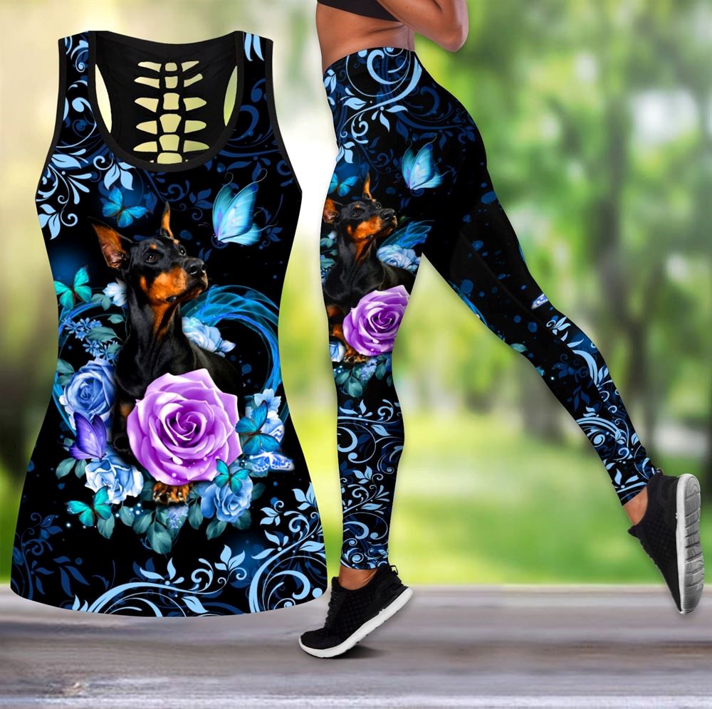 Dobermann Butterfly With Rose Workout Set Hollow Tank Top And Leggings For Men Or Women Dog Lovers Gift