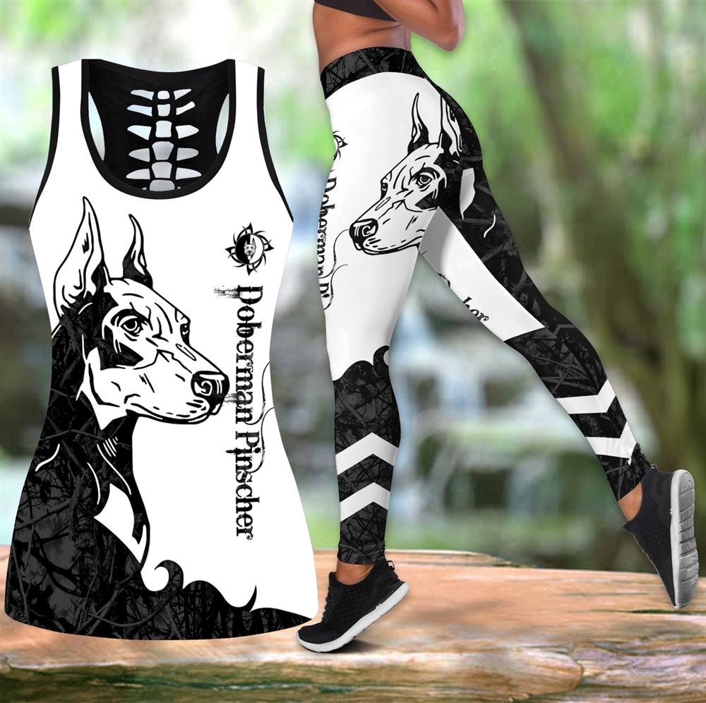 Doberman Pinscher Black Tattoos Workout Set Hollow Tank Top And Leggings For Men Or Women Dog Lovers Gift