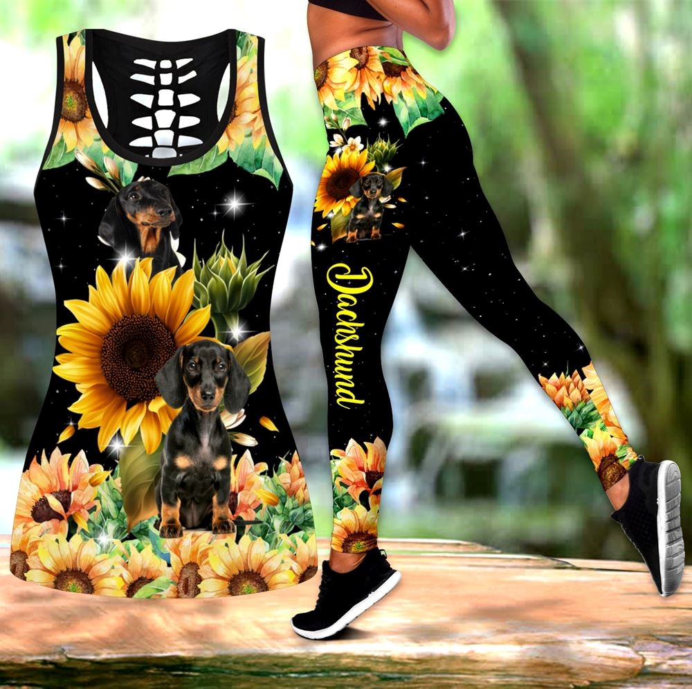 Dachshund With Sunflower Workout Set Hollow Tank Top And Leggings For Men Or Women Gift For Dog Lovers