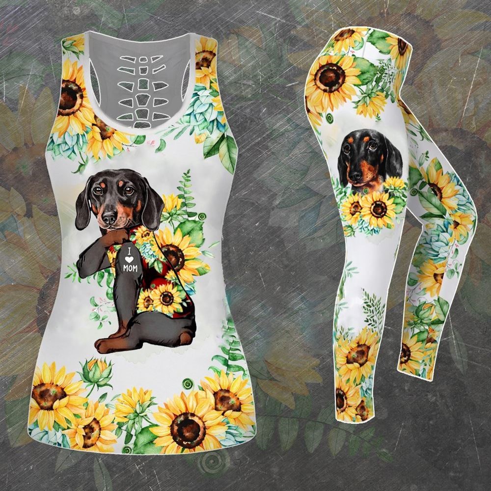 Dachshund With Sunflower Shirt Workout Set Hollow Tank Top And Leggings For Men Or Women Dog Lovers Gift