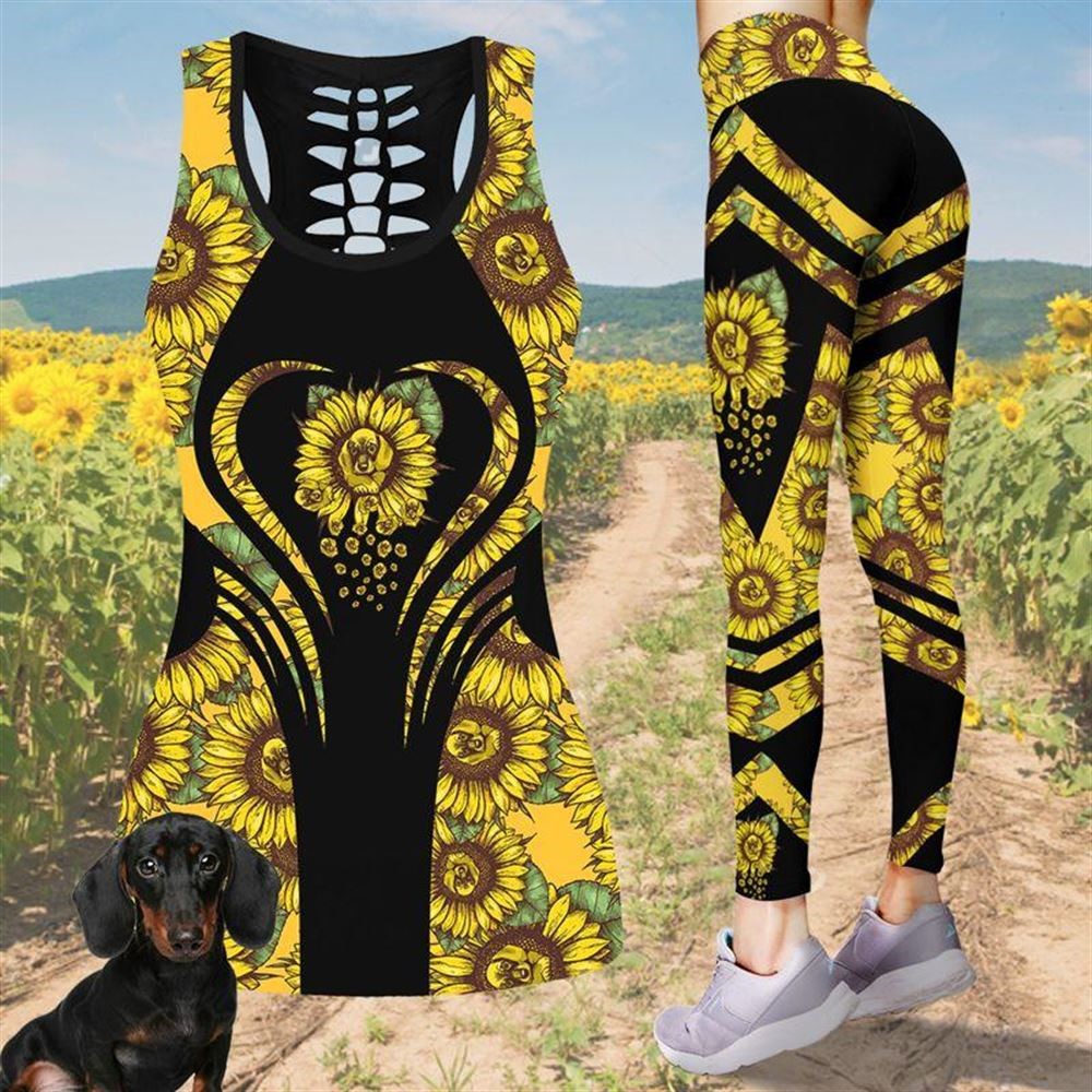 Dachshund In Sunflower Workout Set Hollow Tank Top And Leggings For Men Or Women Gift For Dog Lovers