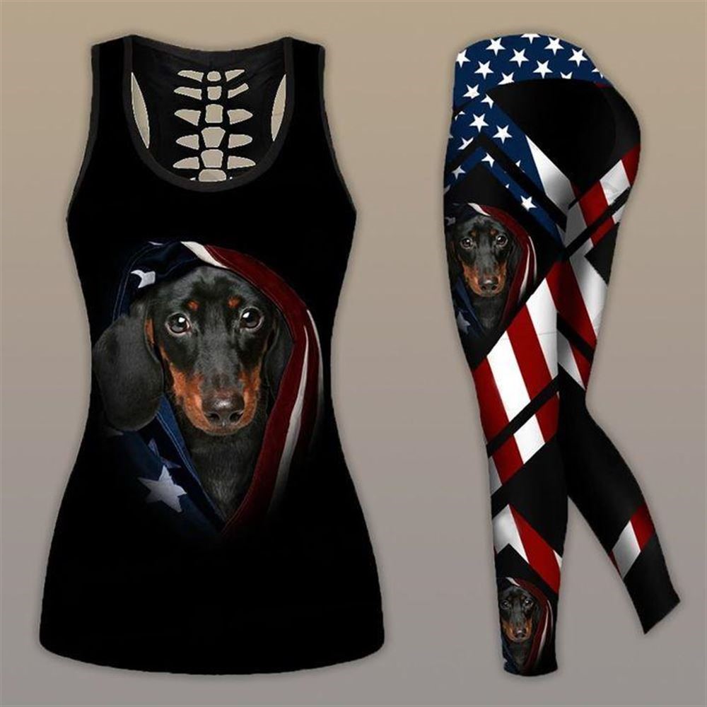 Dachshund Dog With American Flag Workout Set Hollow Tank Top And Leggings For Men Or Women Dog Lovers Gift