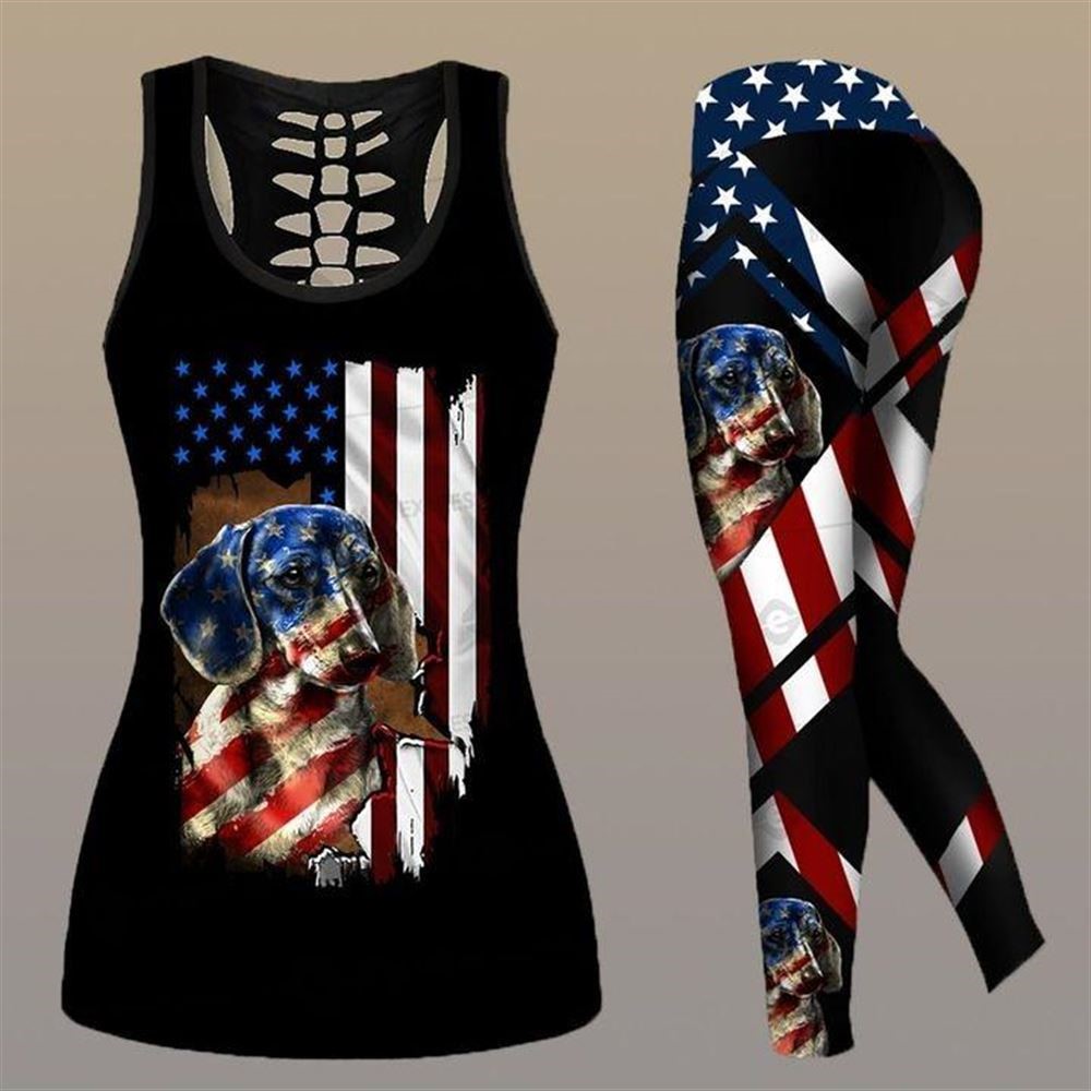 Dachshund Dog American Flag Workout Set Hollow Tank Top And Leggings For Men Or Women Perfect Gift For Dog Lovers