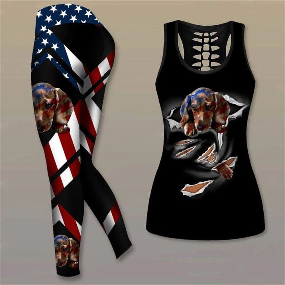 Dachshund Dog With American Flag Workout Set Hollow Tank Top And Leggings For Men Or Women Dog Lovers Gift