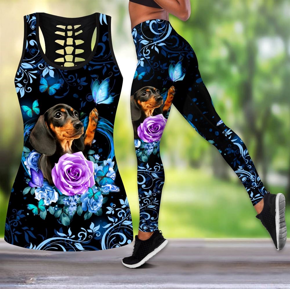 Dachshund Butterfly With Rose Workout Set Hollow Tank Top And Leggings For Men Or Women Gift For Dog Lovers