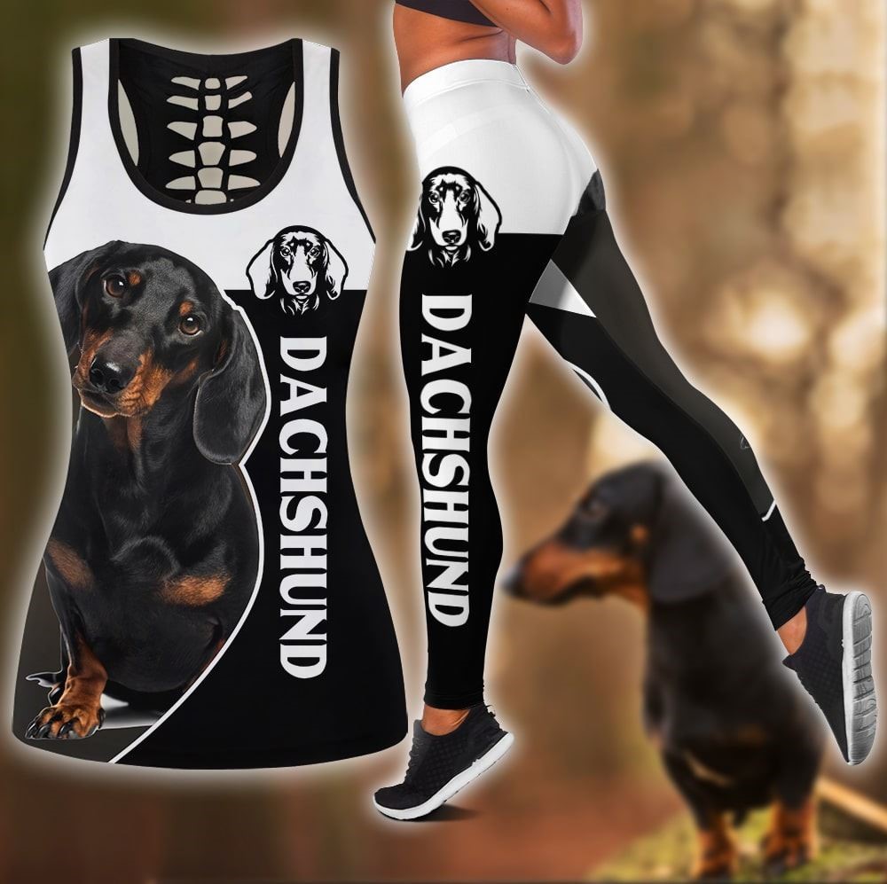 Dachshund Black Sport Workout Set Hollow Tank Top And Leggings For Men Or Women Perfect Gift For Dog Lovers