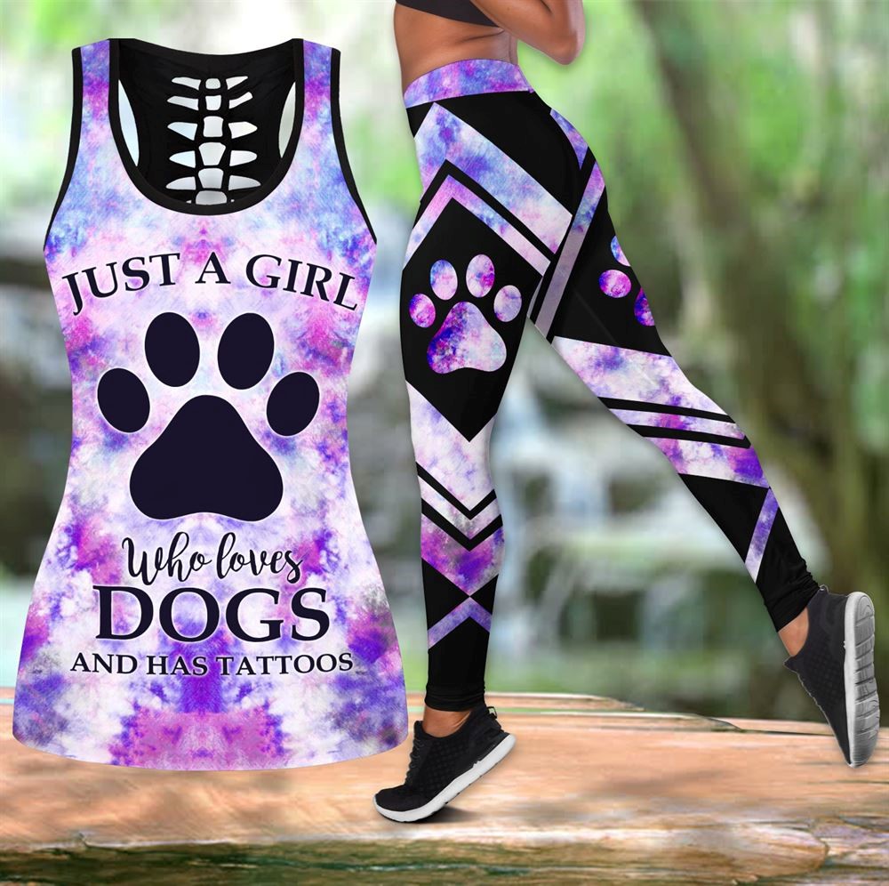 Colorful Girl Loves Dogs Tattoos Workout Set Hollow Tank Top And Leggings For Men Or Women Perfect Gift For Dog Lovers